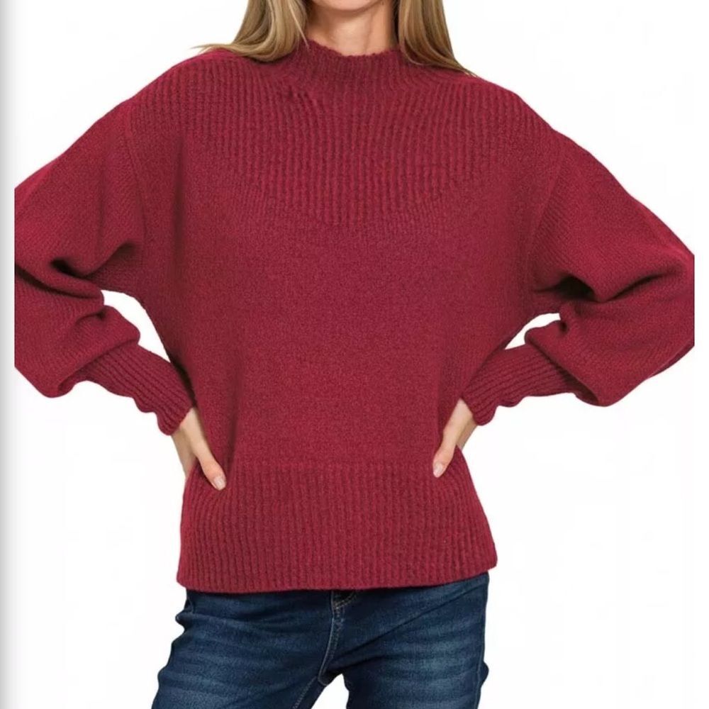 Zenana Mock Neck Balloon Sleeve Pink Sweater - Picture 7 of 8